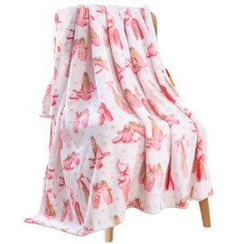 Velvety Soft Ballerina Fleece Throw Blanket: Pink White Ballet Point Shoes Dancer Design Cozy Velvet Plush Blanket for Kids and Adults