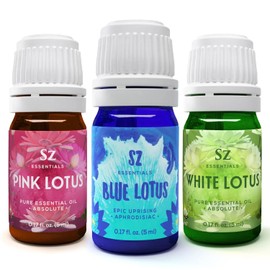 Sz Essentials - Lotus Divine Essential Oils Collection - Blue Lotus + Pink Lotus + White Lotus - Set of 3 Bottles (0.17 Fl Oz - 5ml Each)- 100% Pure, Natural & Undiluted - Therapeutic Grade & Vegan