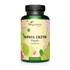 Vegavero Papaya Enzyme Vegavero? | High dosage: 2,100 mg pure papain per daily dose | High enzyme activity: 100,000 units/g | Naturally derived from the fruit | 120 capsules | Vegan & without additives