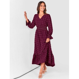 MASCOMODA Women Boho Maxi Dress 2024 Long Sleeve V Neck Swiss Dot Smocked High Waisted A-Line Ruffle Tiered Long Dress(Medium, Wine Red)