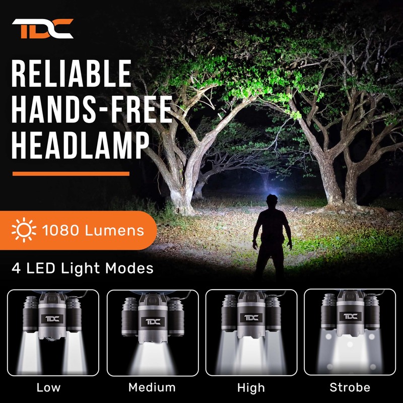 TDC Rechargeable Headlamp + Super Bright COB Keychain Flashlight -