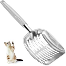 Cat Litter Scoop, Metal Cat Scooper, Plastic Handle Scoop, Sifting Shovel – Heavy Duty Aluminum Alloy Litter Box Scoop with Deep Mesh, Design for Easy Waste Removal and Cleaning(Gray)
