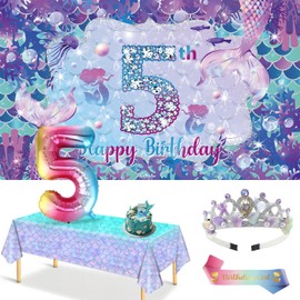 Mermaid 5th Birthday Decorations Banner for Girl 5th Birthday Decoration Banner