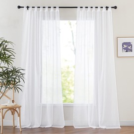 PONY DANCE Curtain, White, Transparent, Tab Top Curtain, Set of 2, H 245 x W 140 cm, Voile Living Room Curtains, Modern Curtain, Linen Look Curtains, White, Semi-Transparent