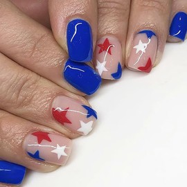 24Pcs Short Square Press on Nails 4th of July RIICFDD Fake Nails Independence Day False Nails Red Blue White Star Designs Reusable Artificial Acrylic Nails Full Cover Fake Nails for Women Nail Decor