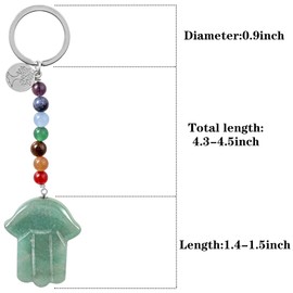 KYEYGWO Crystal Hamsa Hand of Fatima Key Ring with Tree of Life Pendant, 7 Chakra Stone Key Ring, Healing Stone, Hand Plate, Bag Pendant, Talisman Lanyard, Green