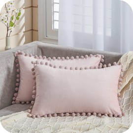 Topfinel Pink Pom Pom Cushion Covers Square 12x20 Inch Velvet Boudoir Throw Pillow Cover for Living Room Chair Bedroom 30x50cm, Pack of 2