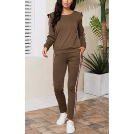 Akmipoem - Conjunto de 2 piezas para mujer, sudadera y pantalones de manga con volantes, Marrón, XX-Large