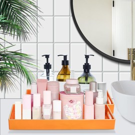 MAONAME Orange Vanity Tray Set of 2, Plastic Decorative Tray with Handles, Rectangular Bathroom Tray for Toilet Tank, Counter, 13.8" X 6" X 1.57"