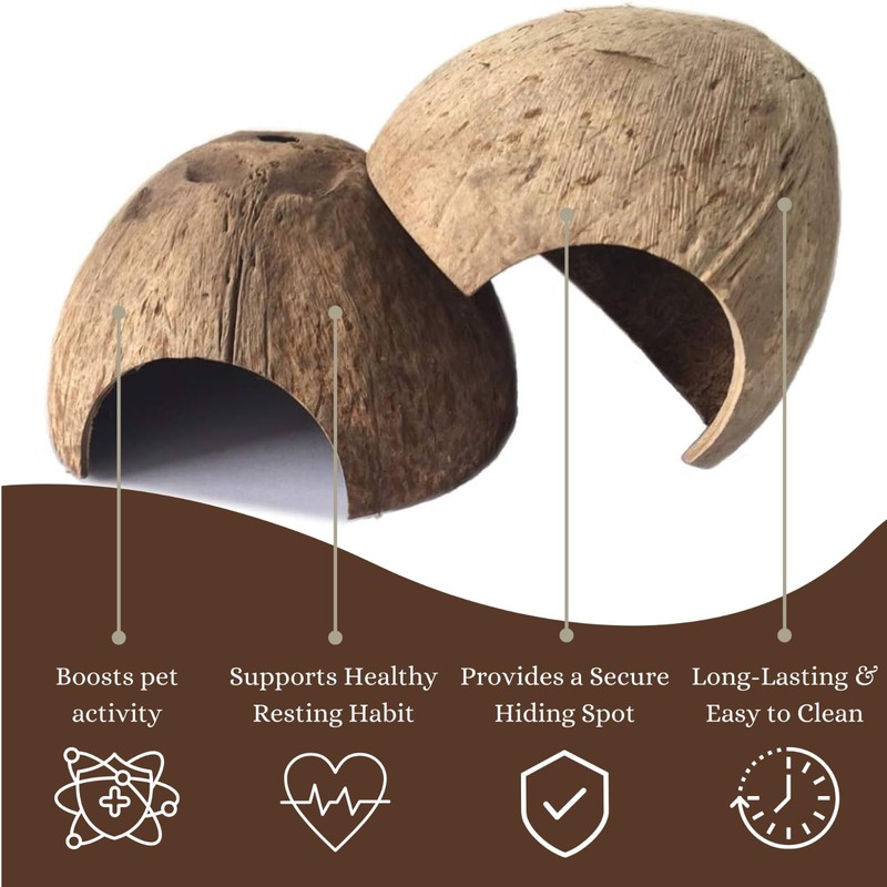 Favozio Natural Coconut Shell Hideout Cave, 5" Aquarium Fish &