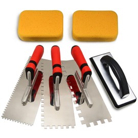 Tile Tools Stainless Steel Square Notch Trowel Set Plus Rubber Grout Float and Grout Sponge for Tiling Installation Grouting