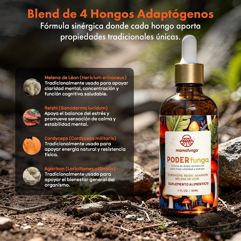 PoderFunga - Tintura Adaptógena de Doble Extracción Cordyceps, Reishi, Melena