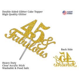 Decoración para tartas 45 y fabulosa con purpurina dorada, ideas de decoración para fiestas de cumpleaños 45, calidad premium, resistente con purpurina de doble cara, palo de acrílico. Fabricado en Estados Unidos (45)