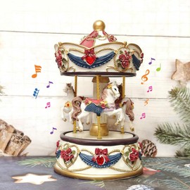 Carousel Music Boxes for Girls Merry-Go-Round Horse Musical Box with 3 Horses for Christmas Wedding Birthday Valentine's Day Gift, Shop Display Home Decor (Castle in The Sky B)