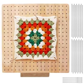 20cm Square Crochet Blocking Board, Handcrafted Crochet Accessories with 20 Stainless Steel Pins, 1 Stand and 5 Large Eye Needles, Bamboo Wooden Knit Blocker Mats for Knitting Projects, Craft Gifts