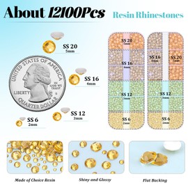 12100Pcs Resin Rhinestones for Crafting with 3Pcs 10ml B7000 Jewelry Glue, 2 Boxes Flatback Crystals Diamond (Golden Yellow) for Bedazzling Crafts DIY Nail Art, Gems for Clothing Shoes