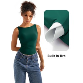 SUUKSESS Women Built in Bra Open Back Boat Neck Tank Tops Double Lined Backless Y2K Going Out Top Basic Shirt (Dark Green,M)