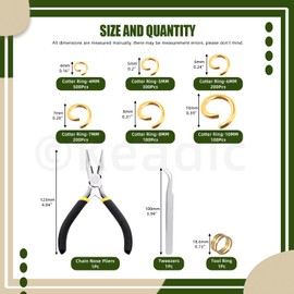 Keadic 1403Pcs 6 Sizes Open Jump Rings Assortment Set with Jewelry Pliers, 4/5/6/7/8/10MM Metal Round Ring Connectors for Keychains Bracelet Necklace Earrings Making (Gold)