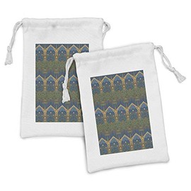 Ambesonne Medieval Fabric Pouch Set of 2, Antique City Architecture in Night Along Trees Stars and Clouds in Cartoon Design, Small Drawstring Bag for Toiletries Masks and Favors, 9" x 6", Multicolor