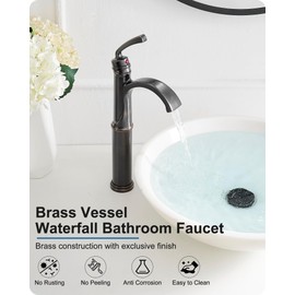 HEYMYTAP Waterfall Vessel Sink Faucet Oil Rubbed Bronze, Brass Tall Bathroom Faucet with Pop-up Drain, cUPC Supply Hoses, Single Handle for Vanity, Farmhouse, 1 Hole Vessel Sink, 5 Mins Quick Install