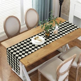 JAWO - Camino de mesa de lino neutro lavable en color negro y blanco, a cuadros para cocina, comedor, banquetes, restaurante, decoración de fiesta en casa, colección de mesa de enrejado marroquí, 13 x