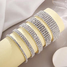 Kysin Chiys Rhinestone Stretch Bracelets Crystal Sparkling Bridal Stackable Bracelet Jewelry Bling Shining Wedding Party Accesorry Elastic Band Bracelet for Women - 2 Pcs A