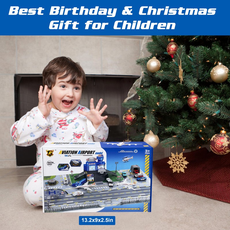 Airplane Toy Set with Trucks, Helicopter, Planes, Signs and Airport