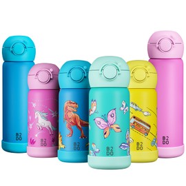 B2DO Double-Walled Stainless Steel 316 Thermal Flask for Children, Butterfly, 350 ml, Leak-Proof Insulated Children's Water Bottle for School, BPA-Free Drinking Bottle with Straw for Children