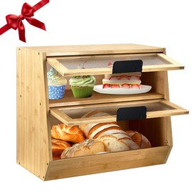 Thick&Thin Bread Box for Kitchen Countertop, Wooden Bread Storage For Kitchen Organizers, Large Capacity With Window Homemade Bread Bin, Double Layer Corner Bread Box