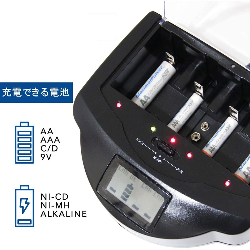 Battery Charger, Alkaline NiMH, NiCd Battery, Charger, AA, AA, 9V