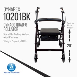 Dynarex DynaGo Quad Rollator, 6" Wheels, Padded Seat, Backrest, Storage Pouch with a Durable Frame, 300 Lb. Weight Capacity, 1 Rolling Walker, Black