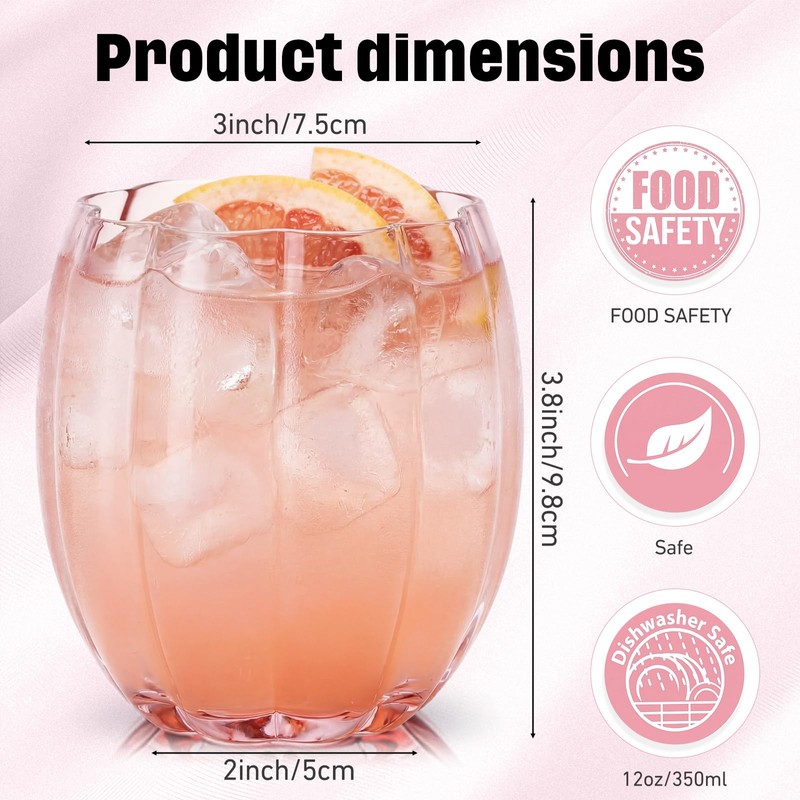 Remerry 6 Pack Pink Stemless Glasses Petal Glass 12oz (350ml)