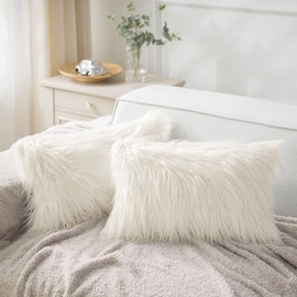 Phantoscope Pack of 2 Faux Fur Throw Pillow Covers Cushion Covers Luxury Soft Decorative Pillowcase Fuzzy Pillow Covers for Bed/Couch,Cream White 12 x 20 Inches