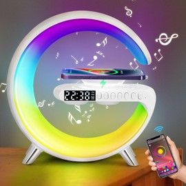 Jalann Smart Lamp Bluetooth Speaker with Wireless Charger, Dimmable Night Light G Speaker Lamp, App Control, RGB Color Changing, G Lamp with Sunrise Alarm Clock, LED Bedside Lamp for Bedroom (White)