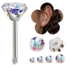 CZ Flat Back Stud Earrings, WGXIA Flower Screw Back Stud Earrings for Women Cubic Zirconia Hypoallergenic Studs Cartilage Earring Men Jewelry Gifts for Girls Birthday Anniversary (2MM, Silver)