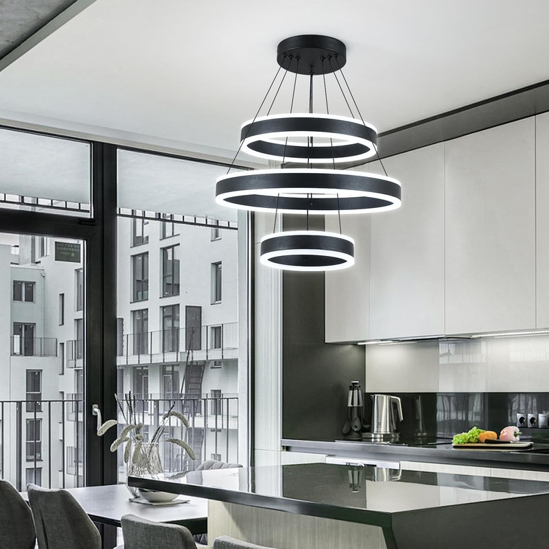 O'NEELDY Modern LED Chandeliers Adjustable Hanging Black Pendant Light Fixture