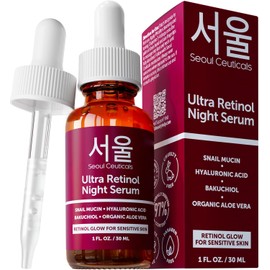 SeoulCeuticals Sérum Facial Nocturno Con 1% De Retinol Coreano - 97,5% De Mucina De Caracol + Ácido Hialurónico + Bakuchiol, Libre De Crueldad Animal. Belleza Coreana Para Piel Sensible. 30 Ml.
