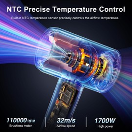 YAPOY Hair Dryer, 200 Million Ionic Blow Dryer, 110,000 RPM Fast Drying, Reduced Frizz, Intelligent Thermo-Control, Low Noise, Lightweight for Adult/Children/Dog, Home/Hotel/RV/Travel