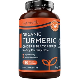 Nutravita Organic Turmeric 1440mg (High Strength) with Black Pepper & Ginger - 180 Vegan Turmeric Capsules (3 Month Supply) – Organic Termeric with Active Ingredient Curcumin - Made in The UK