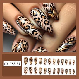 Medium Almond Press on Nails Leopard Print Fake Nails Leopard Pattern Full Cover False Nails Acrylic Glue on Nails Glossy Stick on Nails for Women Artificial Nails 24 Pcs