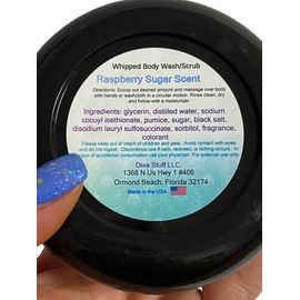Whipped Body Wash/Scrub By Diva Stuff, With Pumice, Sugar and Black Salt, Exfoliates Dead Skin, Raspberry Sugar Scent, 4 oz