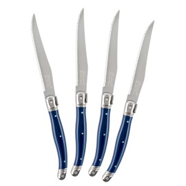 French Home Laguiole 4-Piece Steak Knife Set – Sophisticated Stainless Steel Dinner Knives with Navy Blue Handles & Iconic Bee Emblem – Serrated Knives for Smooth Cutting (9.25")