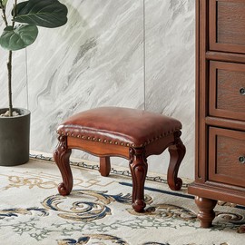 KIVSON Foot Stool Ottoman Foot Rest Microfiber Leather Upholstered Foot Stool for Living Room, Sofa, Entryway, Solid Wood Stool (Flat Brown)