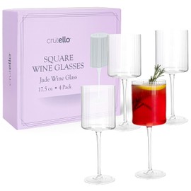Crutello Square Wine Glasses Set of 4-17.5 oz Unique Fluted Vintage Glasses with Ribbed Texture and Long Stem - Large Modern Red or Fancy White Wine Glass Set, All Purpose