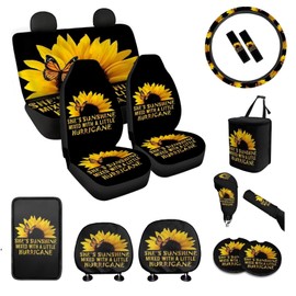 BIGCARJOB Sunflower Car Accessories Set 15 Pack She's Sunshine Sunflower Car Seat Covers Full Set,Sunflower Car Headrest Cover,Steering Wheel Cover,Car Trash Can,Seat Belt Pads