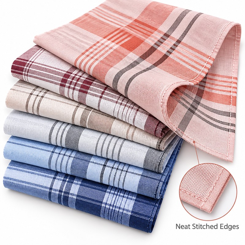 6-Piece Men's Plaid and Striped Handkerchief Set – Classic Polyester-Cotton