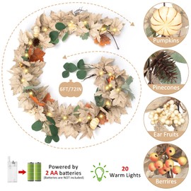 Fall Leaves Garland with Lights for Mantle, 6 Ft Neutral Fall Maple Leaf Garland Decorations with Pumpkins Pine Cone Berries for Home Fireplace Porch Table Harvest Thanksgiving Indoor Outdoor Decor