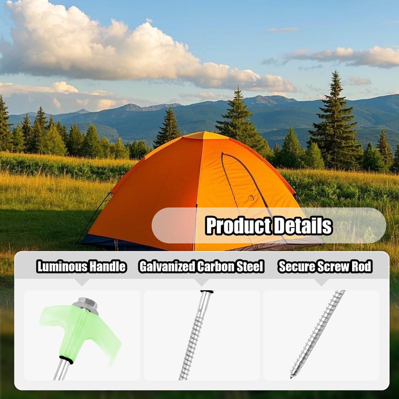 10Pcs Luminous Screw Tent Peg, 20.5cm Heavy Duty Threaded Tent