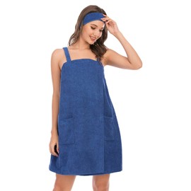 ANUFER Womens Adjustable Towel Wraps Bathrobe with Headband for Gym Shower Spa & Beach Cover Ups Navy Blue S