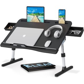 Laptop Desk for Bed, Lap Desks Trays with Double Storage Drawers, Adjustable Premium Leather Laptop Stand with Extra Drawstring Bag, Foldable Lap Table for Eating, Working, Writing and Drawing